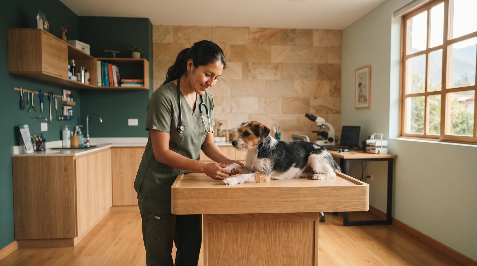 Clínica veterinaria con atención calmada y luz natural